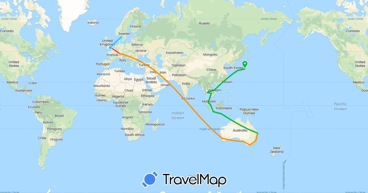 TravelMap itinerary: driving, bus, hiking, boat, hitchhiking in Austria, Australia, United Kingdom, Indonesia, Japan, Malaysia, Sweden, Singapore, Thailand (Asia, Europe, Oceania)